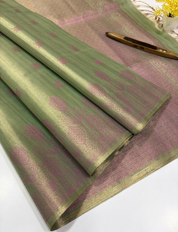 Tissue Semi Silk Saree in Pistachio Green with Rose Pink Zari