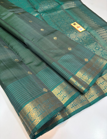 Deep Teal Green Dual Tone Rani Pink Pallu Kanchi Border Handloom Pure Soft Silk Saree