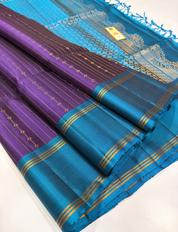 Violet with Peacock Blue Contrast Border SilkMark Certified Handloom Pure Soft Silk Saree with Blouse – Vairaoosi Design