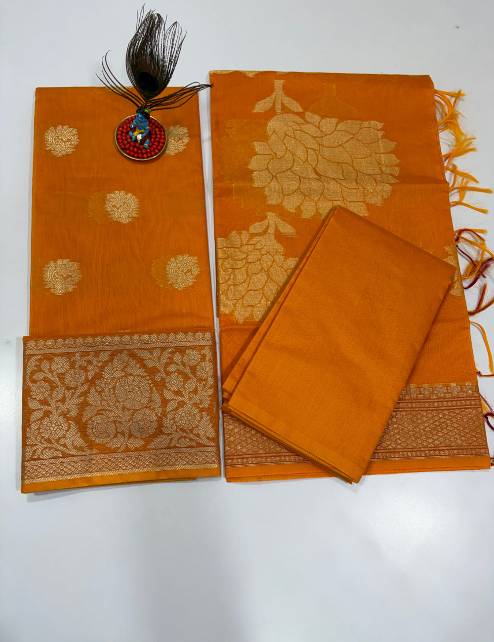 Mango Orange Handloom Silk Cotton 3 Pc Salwar Set with Self Weave Floral Jacquard | Vibrant Monotone Ethnic Dress Material