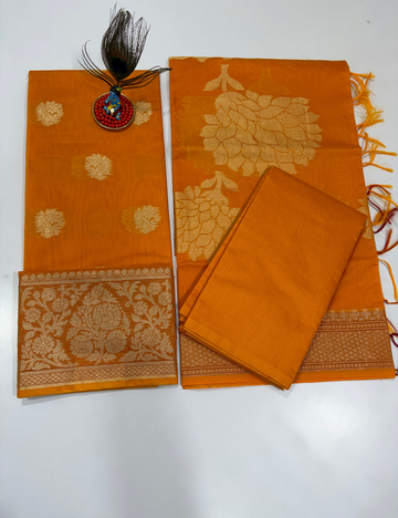 Mango Orange Handloom Silk Cotton 3 Pc Salwar Set with Self Weave Floral Jacquard | Vibrant Monotone Ethnic Dress Material