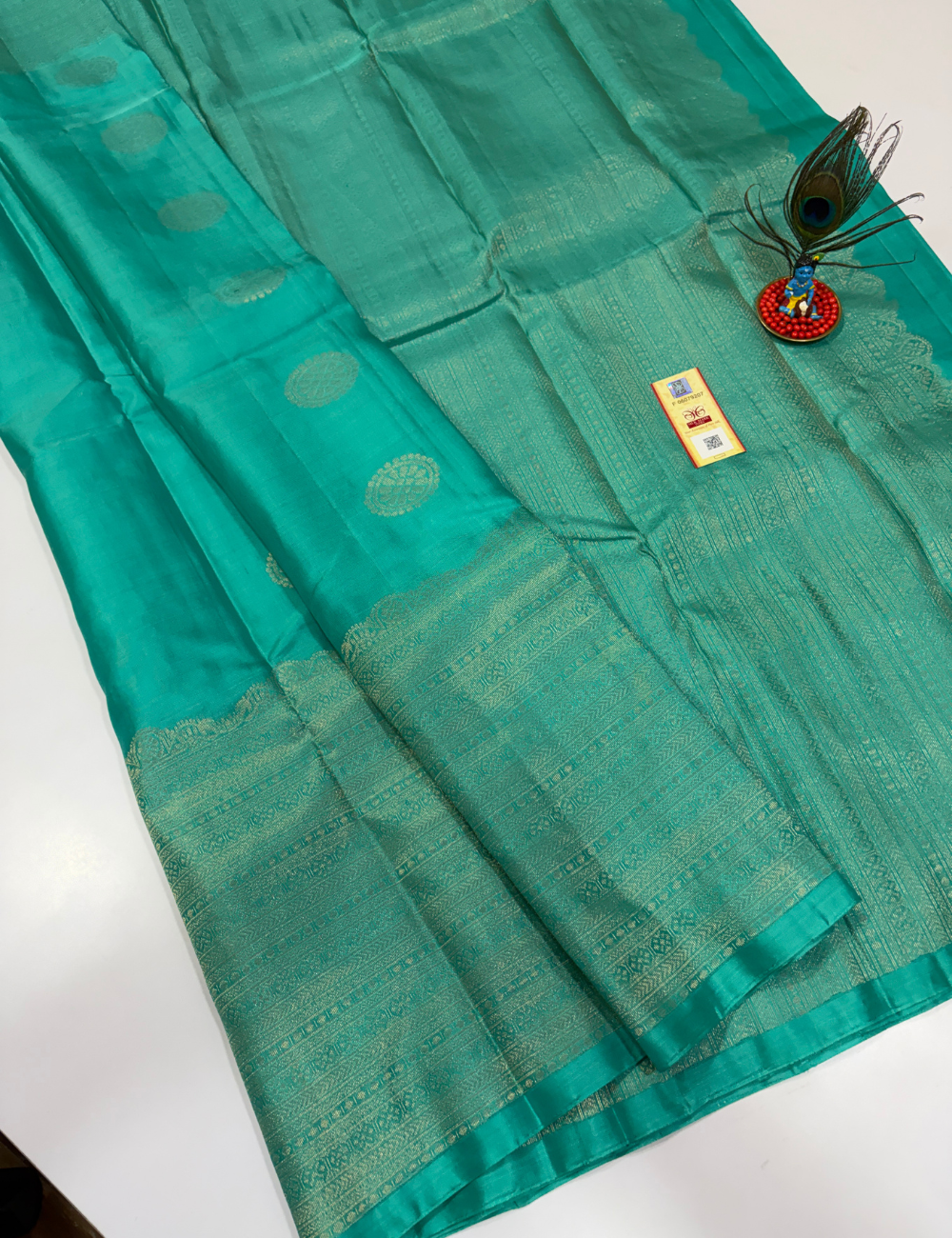 Handloom Pure Soft Silk Saree in Aqua Green with Self Colour Turning Border | Double Warp | Fancy Zari Buttas | Silk Mark Certified