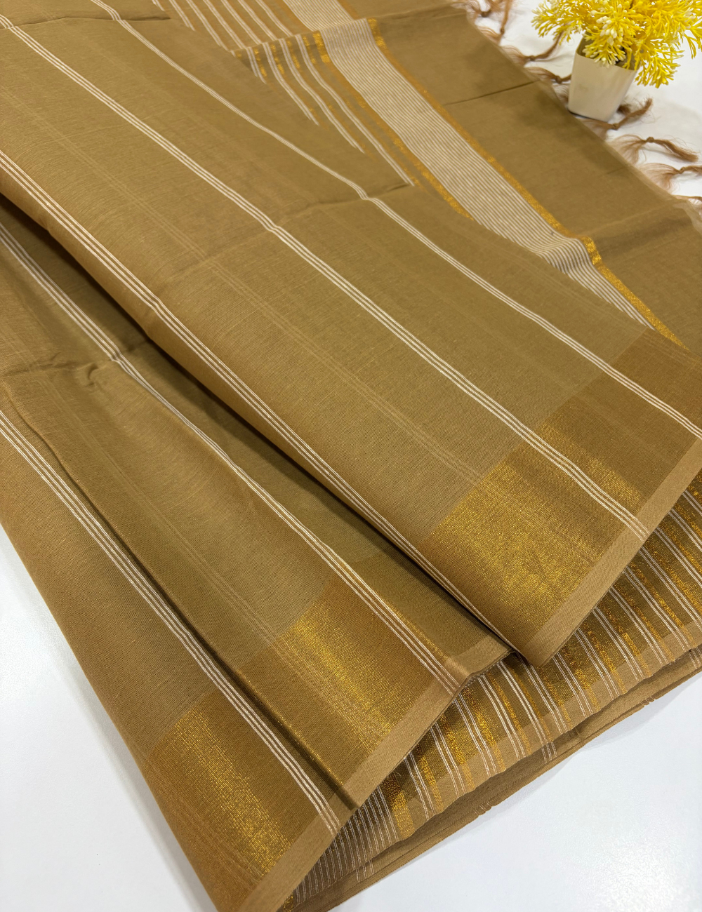 Antique Gold Brown Pure Cotton Saree with Rich Jari Border