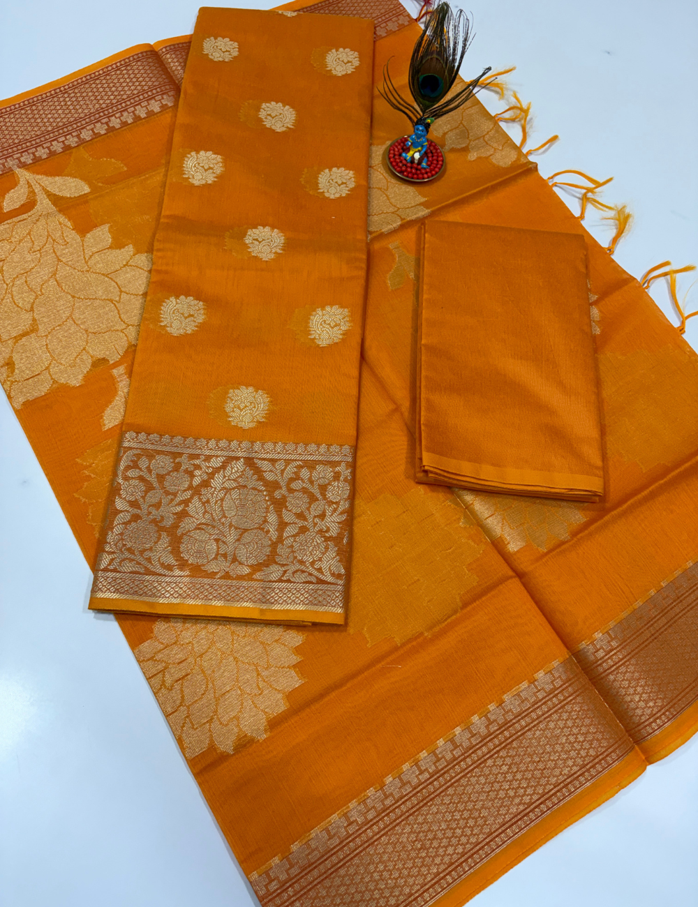 Mango Orange Handloom Silk Cotton 3 Pc Salwar Set with Self Weave Floral Jacquard | Vibrant Monotone Ethnic Dress Material