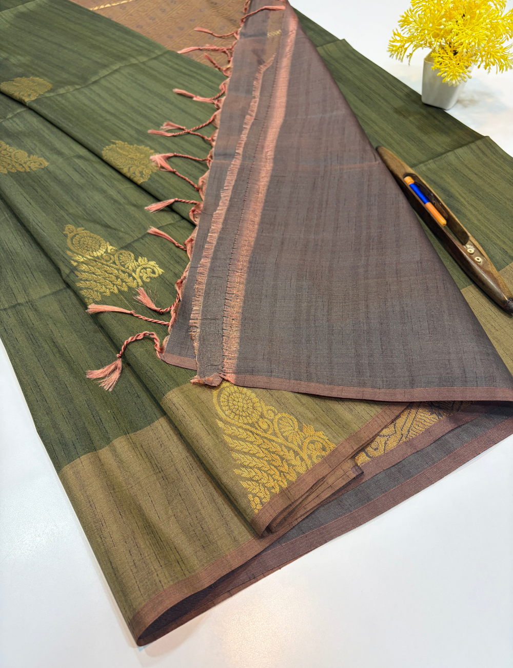 Deep Olive Green Soft Silk Saree with Chocolate Brown Pallu | Elegant Festive & Traditional Wear