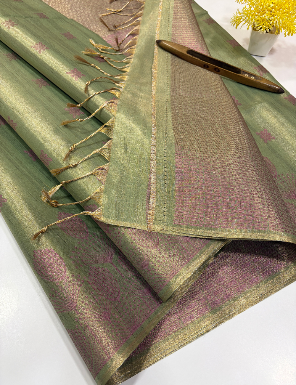 Tissue Semi Silk Saree in Pistachio Green with Rose Pink Zari