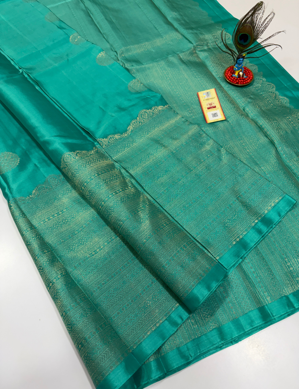 Handloom Pure Soft Silk Saree in Aqua Green with Self Colour Turning Border | Double Warp | Fancy Zari Buttas | Silk Mark Certified