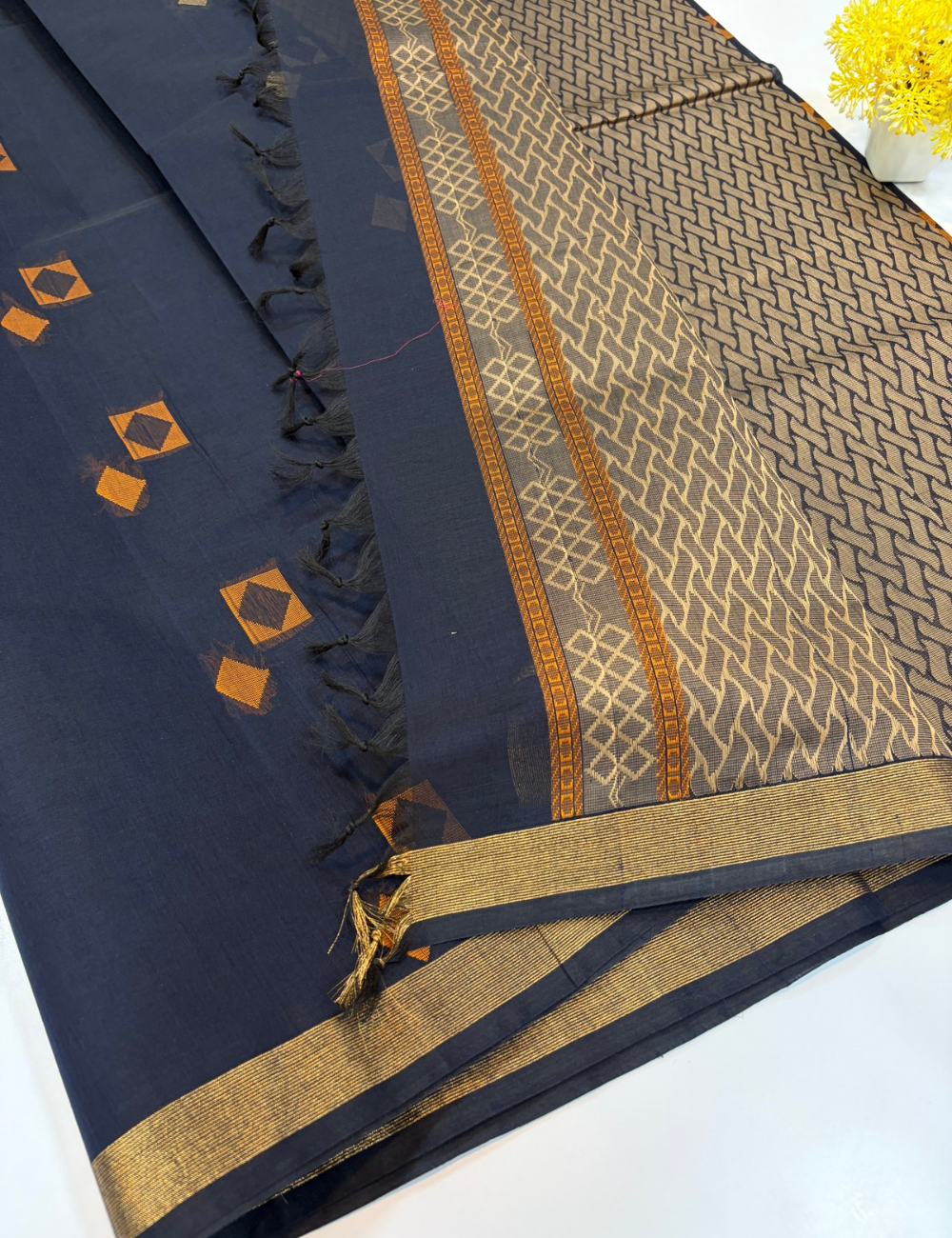 Midnight Blue Negamam Handloom Pure Cotton Saree with Thread Putta & Contrast Piping Border | 100-Count Cotton