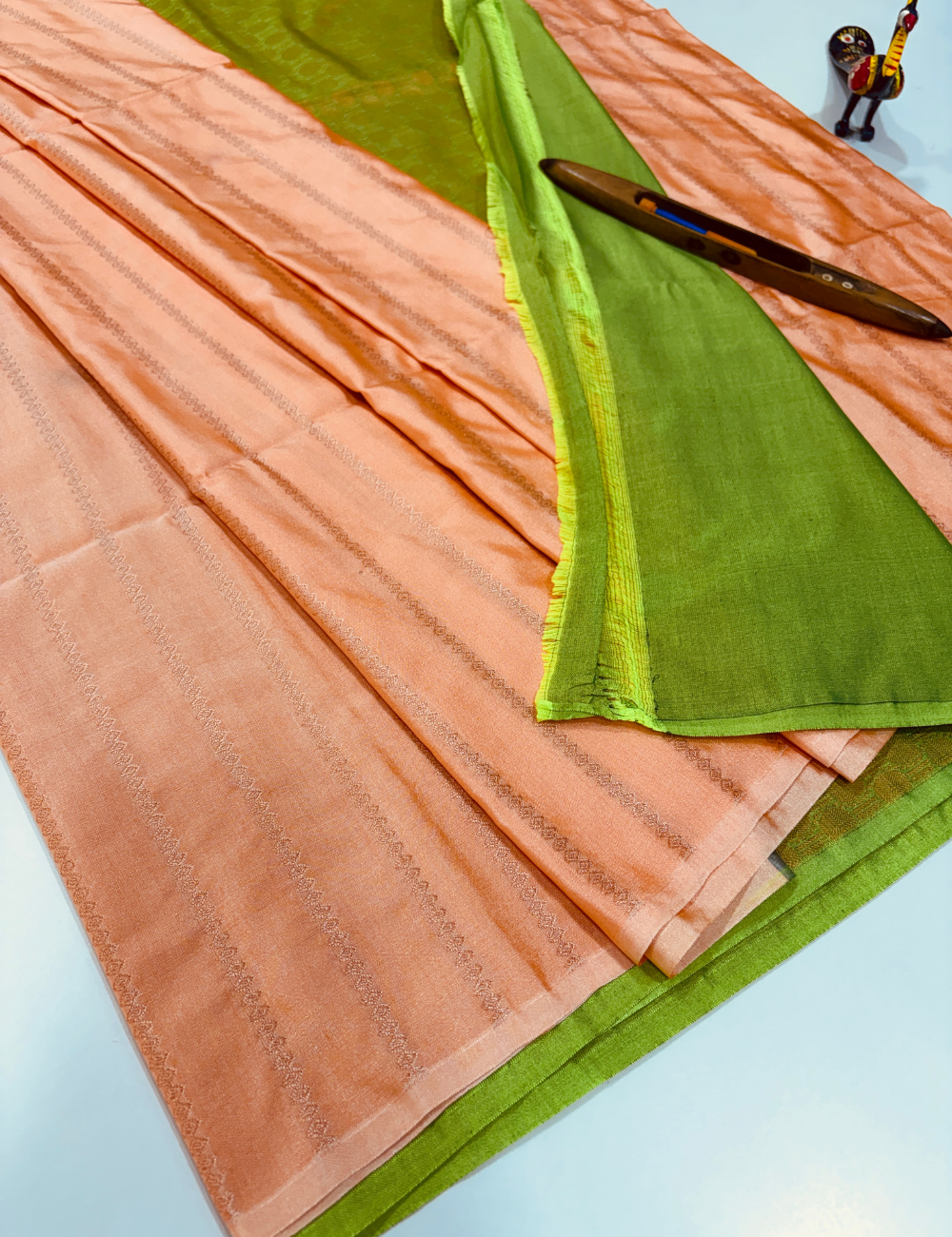 Premium Soft Cotton Handloom Saree in Peach with Parrot Green Pallu & Blouse