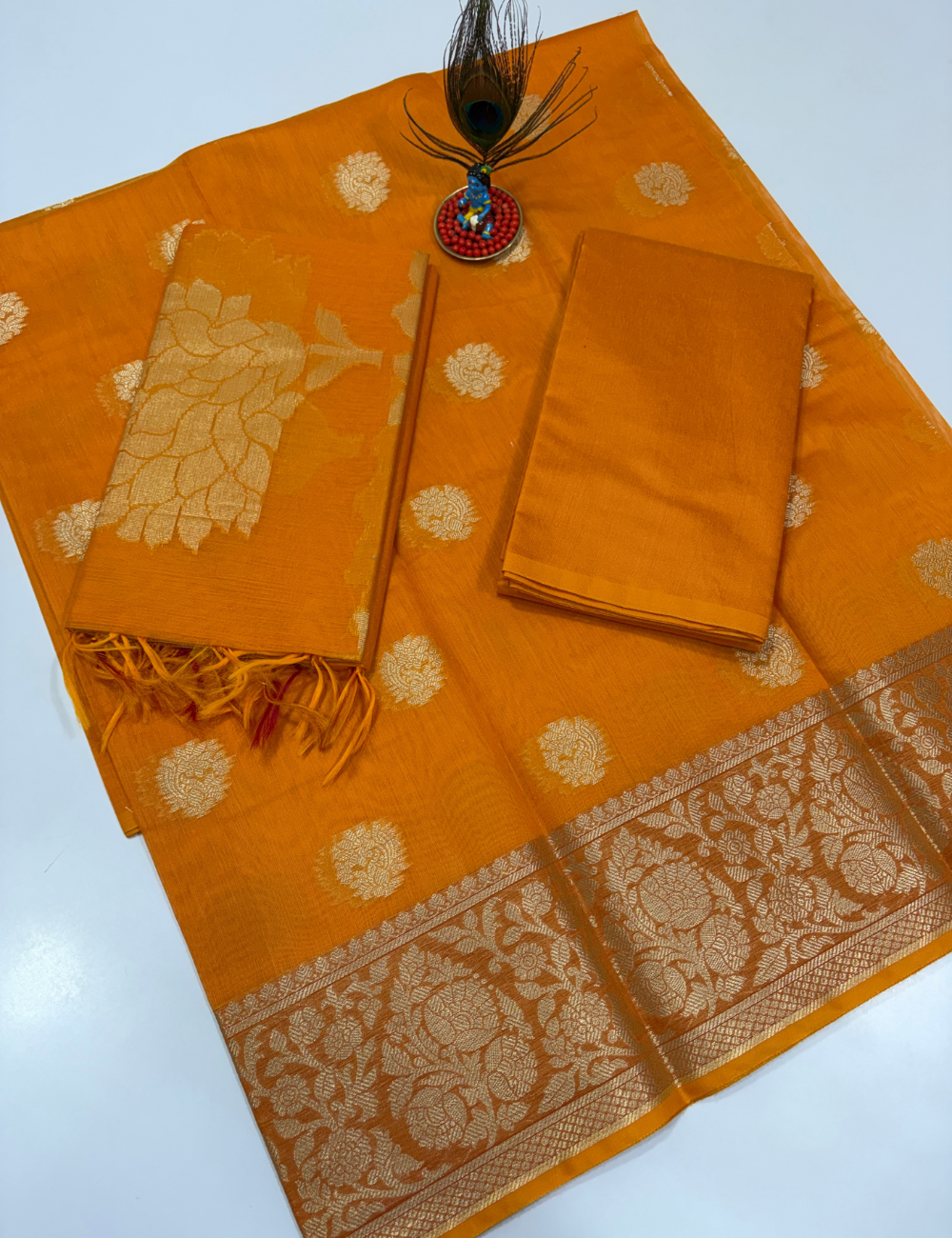 Mango Orange Handloom Silk Cotton 3 Pc Salwar Set with Self Weave Floral Jacquard | Vibrant Monotone Ethnic Dress Material
