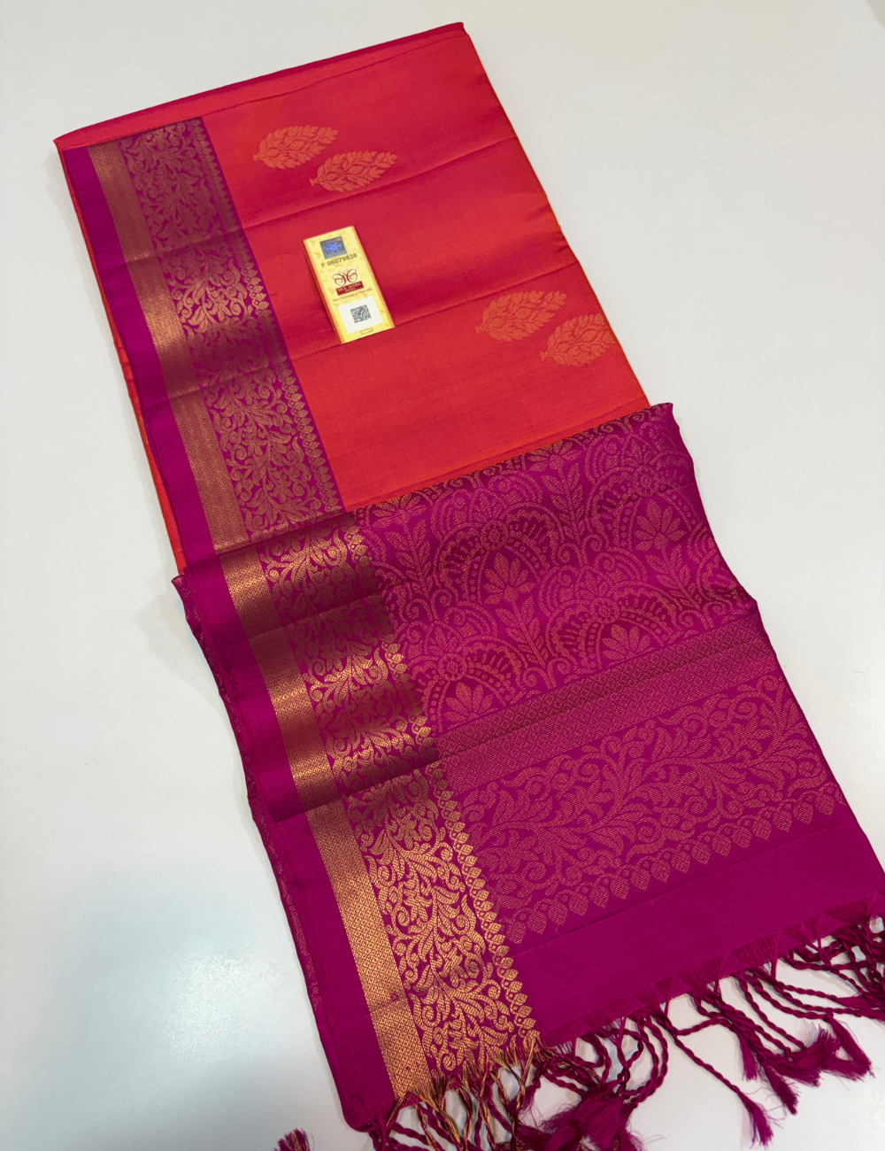 Dual Tone Vermilion Orange & Rani Pink Kanchi Border Handloom Pure Softsilk Saree