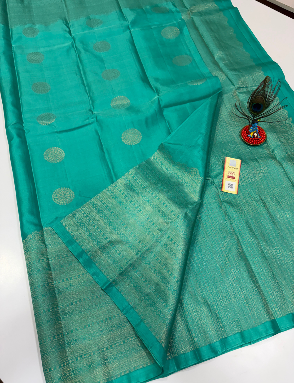 Handloom Pure Soft Silk Saree in Aqua Green with Self Colour Turning Border | Double Warp | Fancy Zari Buttas | Silk Mark Certified