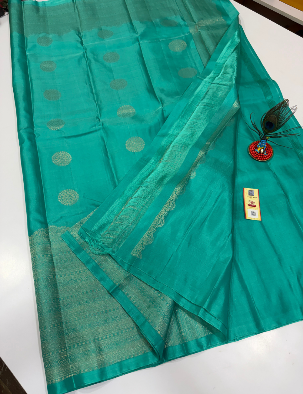 Handloom Pure Soft Silk Saree in Aqua Green with Self Colour Turning Border | Double Warp | Fancy Zari Buttas | Silk Mark Certified