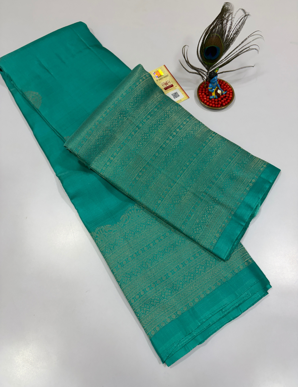 Handloom Pure Soft Silk Saree in Aqua Green with Self Colour Turning Border | Double Warp | Fancy Zari Buttas | Silk Mark Certified