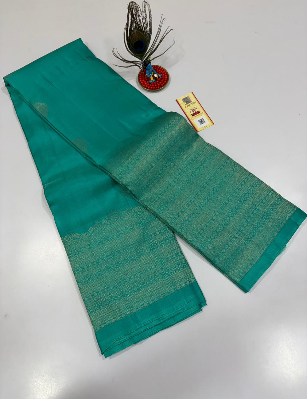 Handloom Pure Soft Silk Saree in Aqua Green with Self Colour Turning Border | Double Warp | Fancy Zari Buttas | Silk Mark Certified