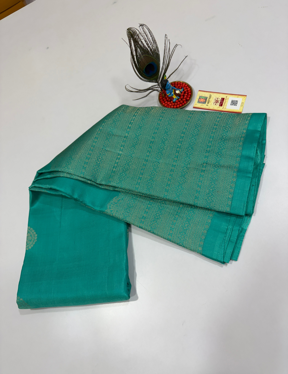 Handloom Pure Soft Silk Saree in Aqua Green with Self Colour Turning Border | Double Warp | Fancy Zari Buttas | Silk Mark Certified