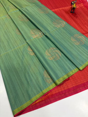 Sage Green with Magenta Pink – Handloom Semi Raw Softsilk Saree