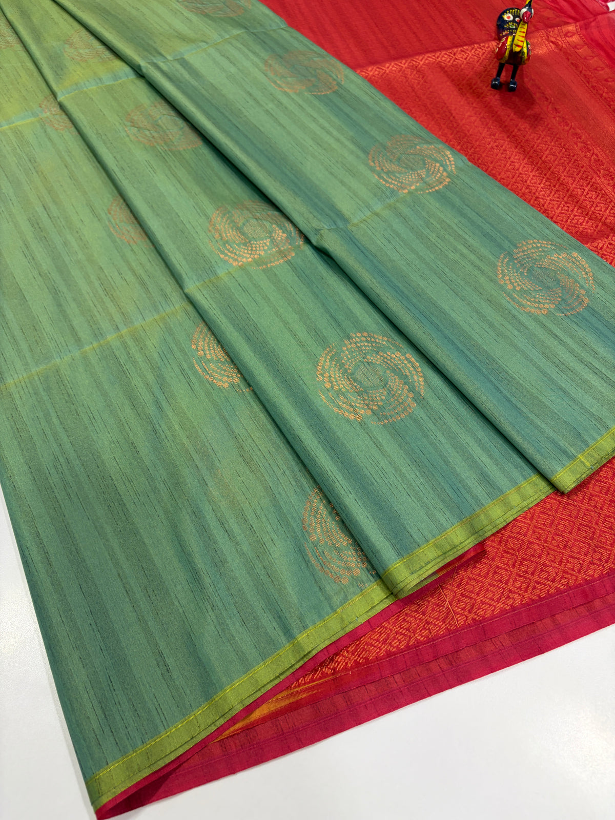 Sage Green with Magenta Pink – Handloom Semi Raw Softsilk Saree