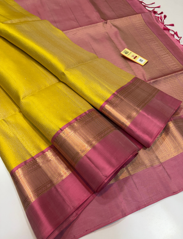Pale Yellow Full Brocade Handloom Pure Soft Silk Saree with Baby Pink Contrast Kanchi Border | Silk Mark Certified