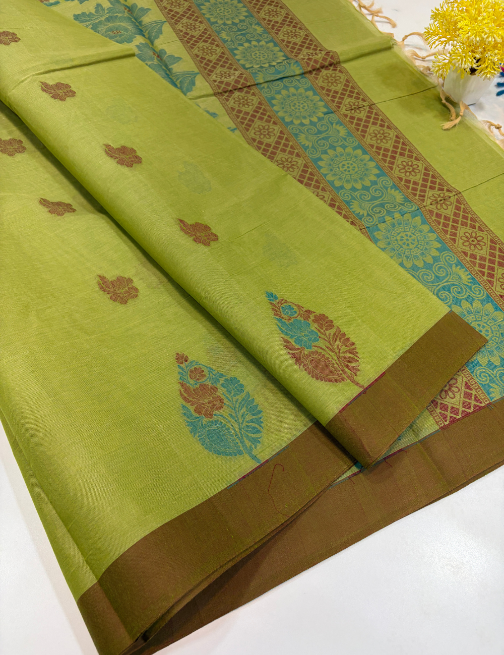 Negamam Pure Cotton Saree – Tender Leaf Green with Chocolate Brown Border