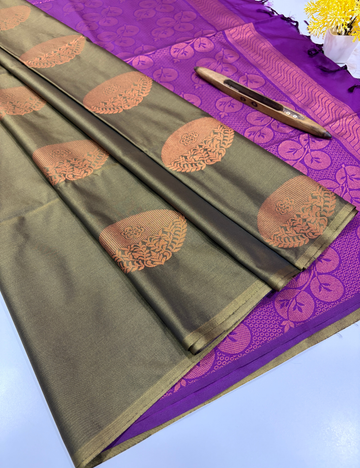 Borderless Semi Softsilk Saree in Grey with Violet