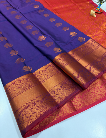 Royal Blue Semi Soft Silk Saree with Kanchi Border | Maroon Pallu & Blouse