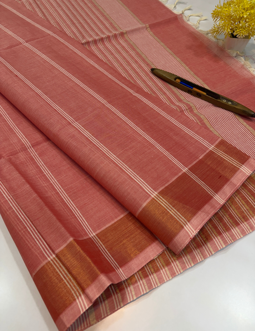 Negamam Pure Cotton Saree in Dusty Rose Pink with Stripes Design & Copper Zari Border | Self Colour Pallu & Blouse