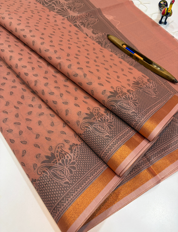 Dusty Rose Semi Silk Cotton Saree with Gold Jari Piping Border & Jacquard Blouse | Turning Border