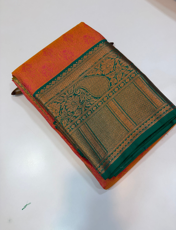 Semi Bridal Kanchi Silk Saree – Dual Tone Organish Pink with Rama Green Border