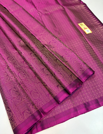 Wine Purple Handloom Pure Soft Silk Saree with Full Gold Zari Brocade Weaves, Borderless Design & Matching Blouse | Silk Mark Certified