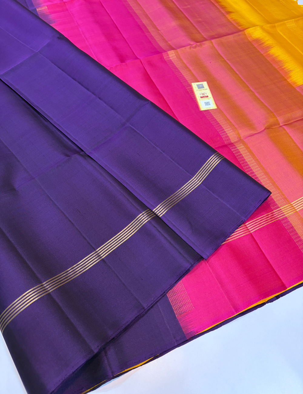 Plain Violet Pure Soft Silk Saree with Tricolour Pallu & Yellow Blouse | Elegant Designer Contrast Saree