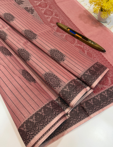 Light Pink Negamam Pure Cotton Saree – Vairaoosi Stripes with Thread Butta & Contrast Border | Plain Blouse Included