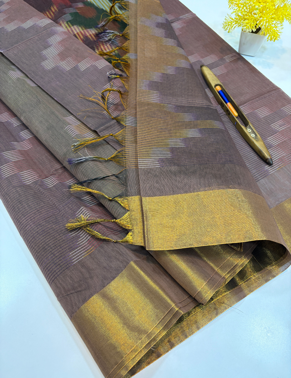 Semi Silk Cotton Ikat Design Tissue Border Saree – Dusty Cocoa Brown