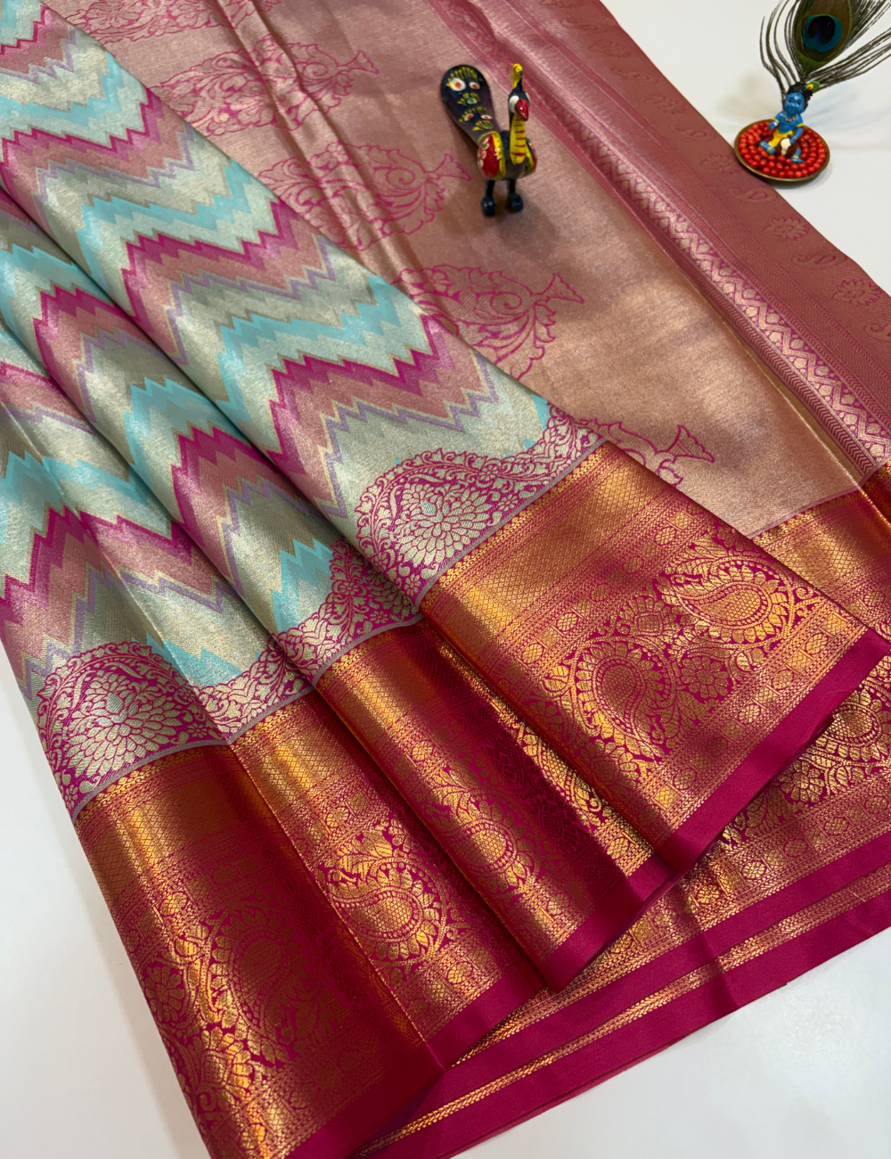 Ocean Blue with Rani Pink Korvai Contrast Tissue Semi Bridal Silk Saree | Full Brocade Weaving | Aadithya Handlooms