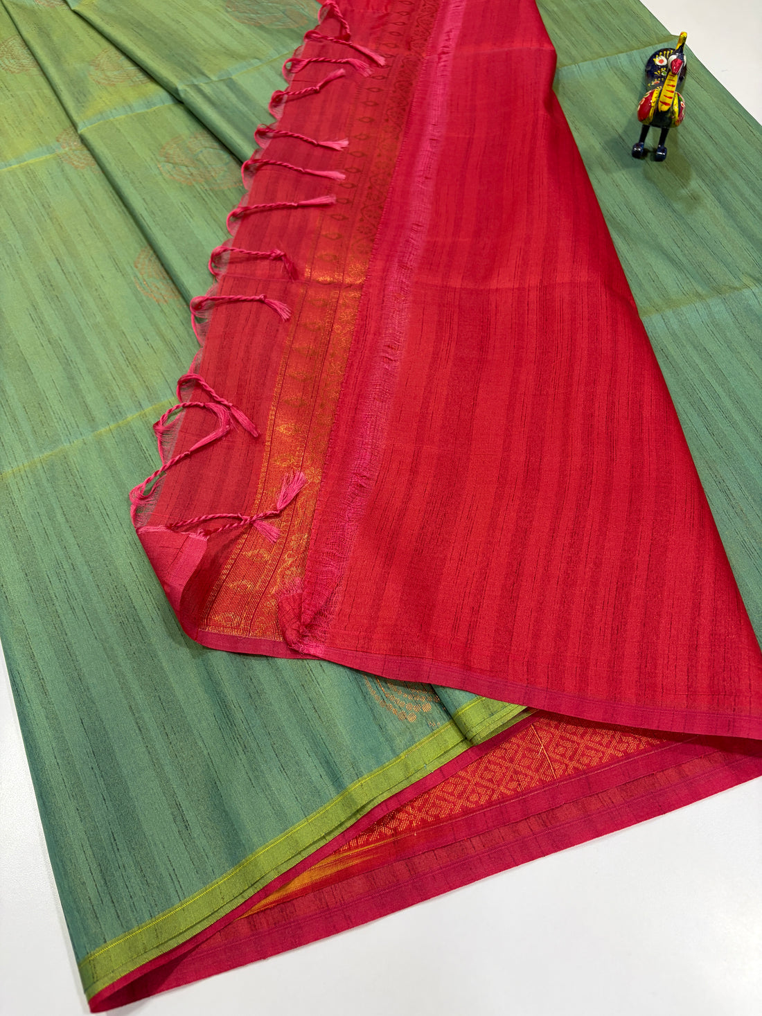Sage Green with Magenta Pink – Handloom Semi Raw Softsilk Saree
