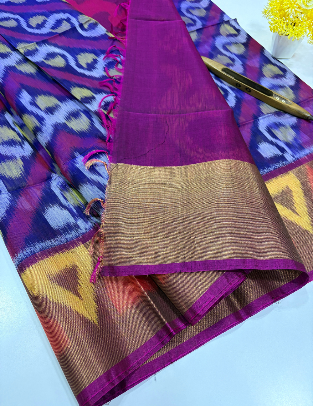 Handloom Pure Silkcotton Pochampally Saree – Blue & Beetroot Pink Elegance
