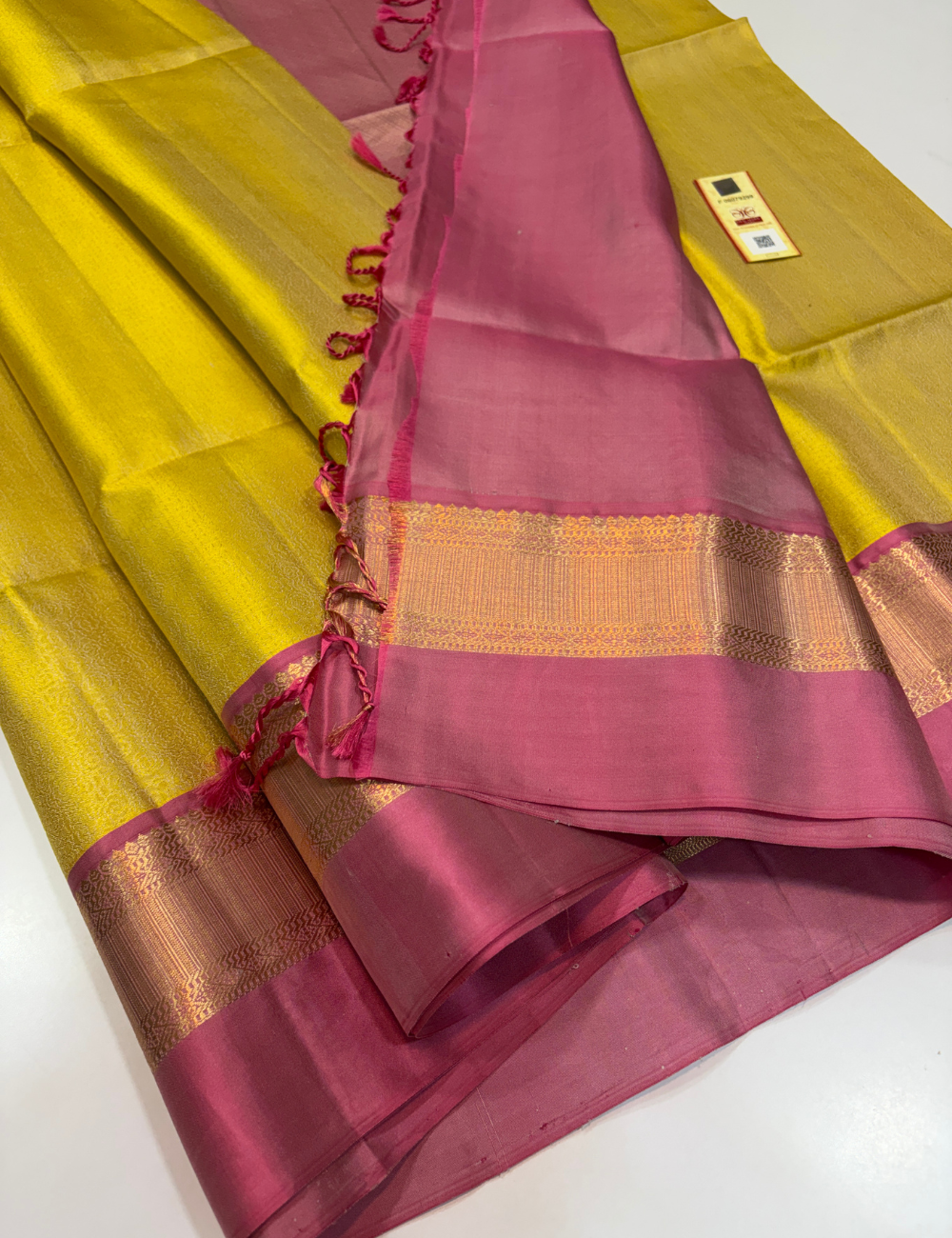 Pale Yellow Full Brocade Handloom Pure Soft Silk Saree with Baby Pink Contrast Kanchi Border | Silk Mark Certified
