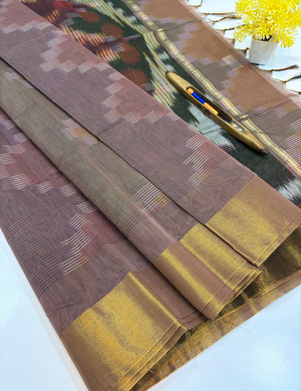 Semi Silk Cotton Ikat Design Tissue Border Saree – Dusty Cocoa Brown