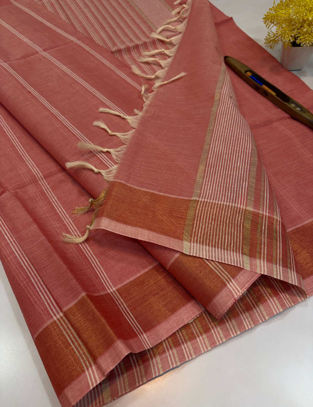 Negamam Pure Cotton Saree in Dusty Rose Pink with Stripes Design & Copper Zari Border | Self Colour Pallu & Blouse