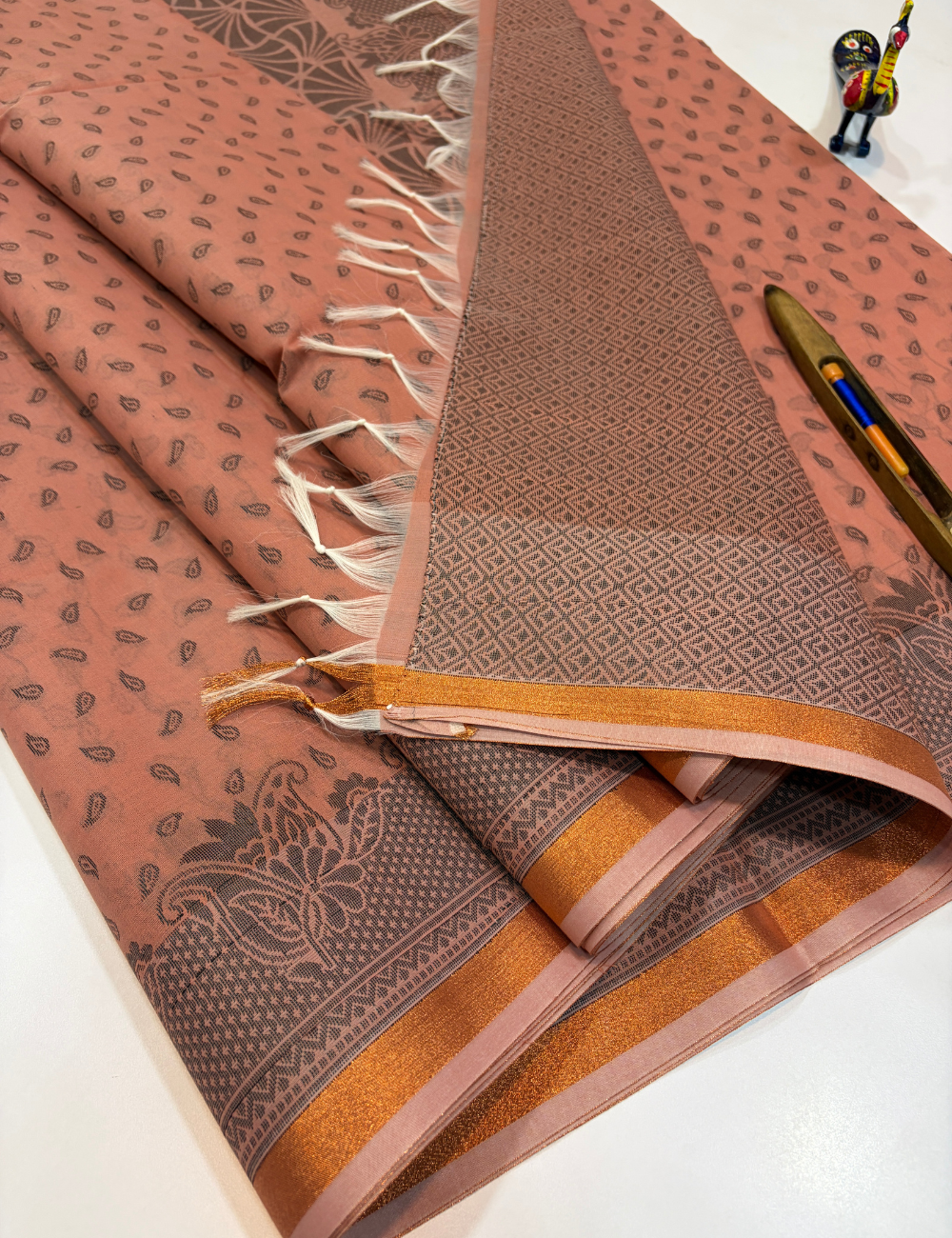 Dusty Rose Semi Silk Cotton Saree with Gold Jari Piping Border & Jacquard Blouse | Turning Border