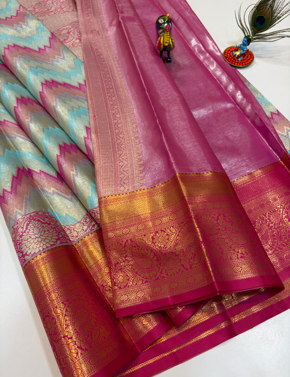 Ocean Blue with Rani Pink Korvai Contrast Tissue Semi Bridal Silk Saree | Full Brocade Weaving | Aadithya Handlooms