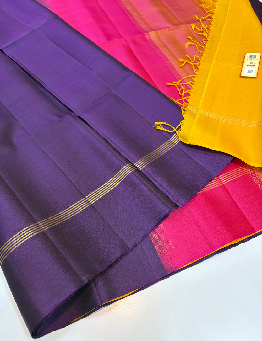 Plain Violet Pure Soft Silk Saree with Tricolour Pallu & Yellow Blouse | Elegant Designer Contrast Saree