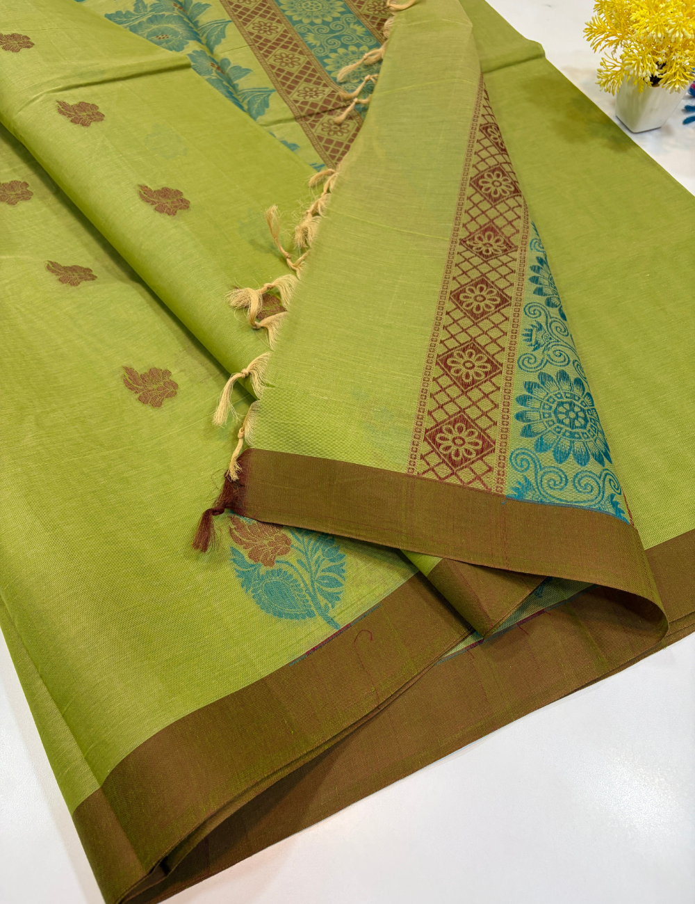 Negamam Pure Cotton Saree – Tender Leaf Green with Chocolate Brown Border
