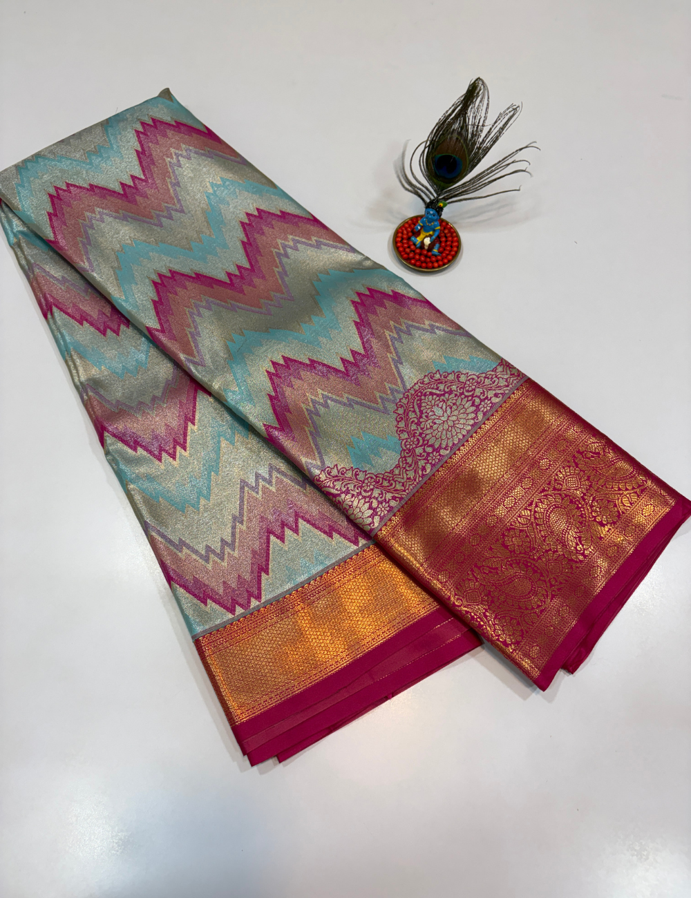 Ocean Blue with Rani Pink Korvai Contrast Tissue Semi Bridal Silk Saree | Full Brocade Weaving | Aadithya Handlooms