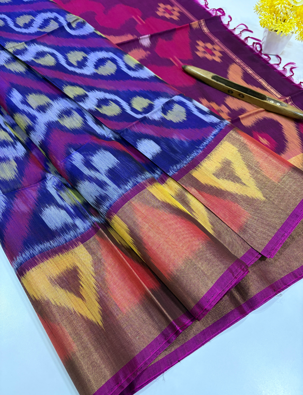 Handloom Pure Silkcotton Pochampally Saree – Blue & Beetroot Pink Elegance