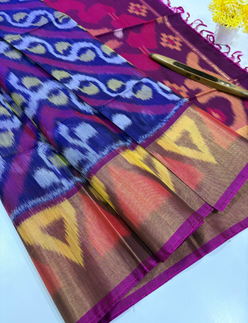 Handloom Pure Silkcotton Pochampally Saree – Blue & Beetroot Pink Elegance