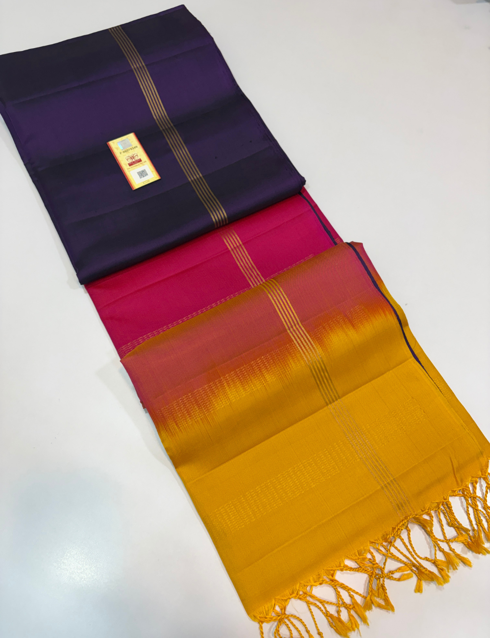 Plain Violet Pure Soft Silk Saree with Tricolour Pallu & Yellow Blouse | Elegant Designer Contrast Saree