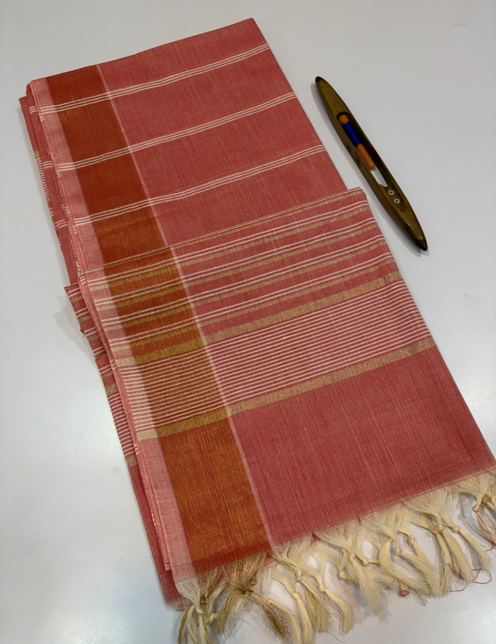 Negamam Pure Cotton Saree in Dusty Rose Pink with Stripes Design & Copper Zari Border | Self Colour Pallu & Blouse