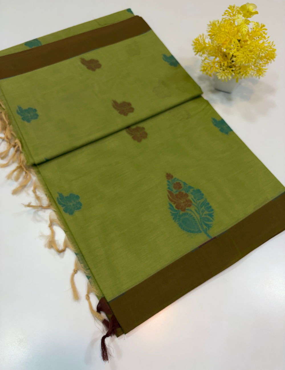 Negamam Pure Cotton Saree – Tender Leaf Green with Chocolate Brown Border
