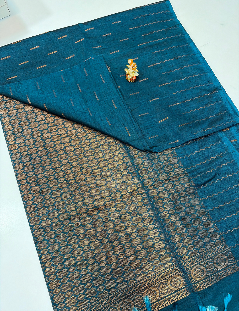 Petrol Teal Blue Dubion Silk Saree – Handloom